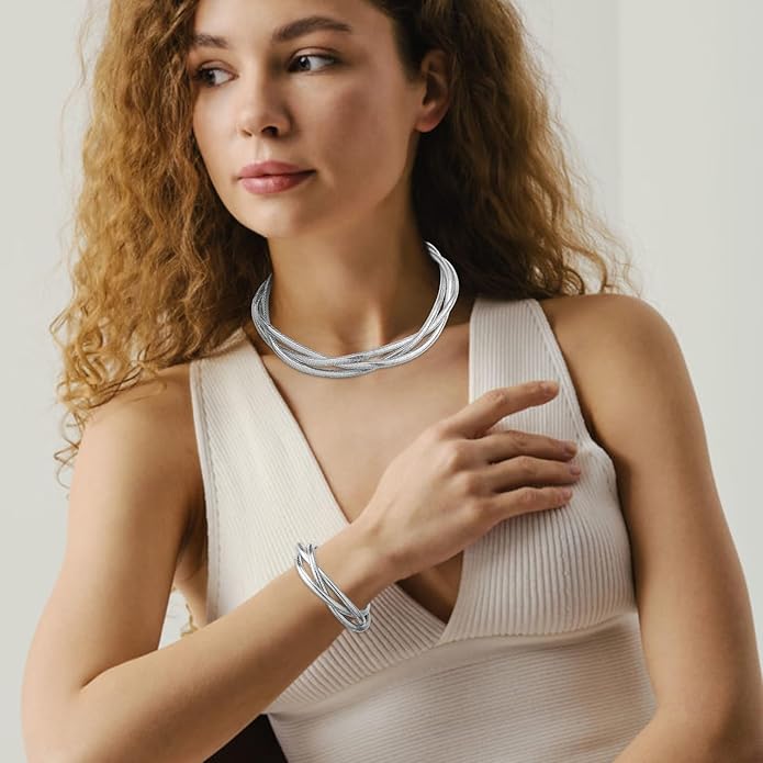YBMYCM Chunky Gold-plated Silver Jewelry Set Multi Strands Stainless Steel Choker Necklace Bracelet Set for Women