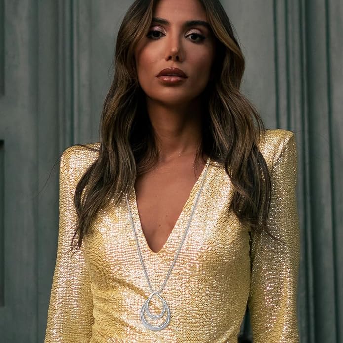 Madison Tyler Gold Plated Jewelry Set for Women | Silver Teardrop Pendant Necklace Trendy | Long Necklace with Snake Chain | Fashion Dangle Earring Set