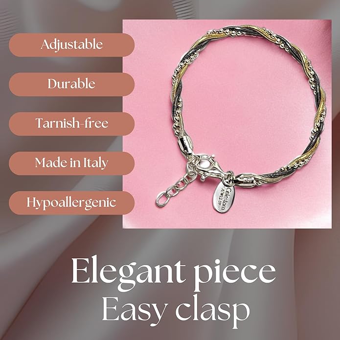 925 Sterling Silver Chain, Italian-Made Jewelry Set with Gold Tone Accent (Luxurious Leather Gift Box Included)