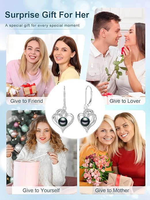 Tahitian Black Pearl Earrings Gifts for Women Wife Celtic Dangle Drop Earrings Wedding Birthday Anniversary Jewelry Valentines Christmas Day Gifts 925 Sterling Silver