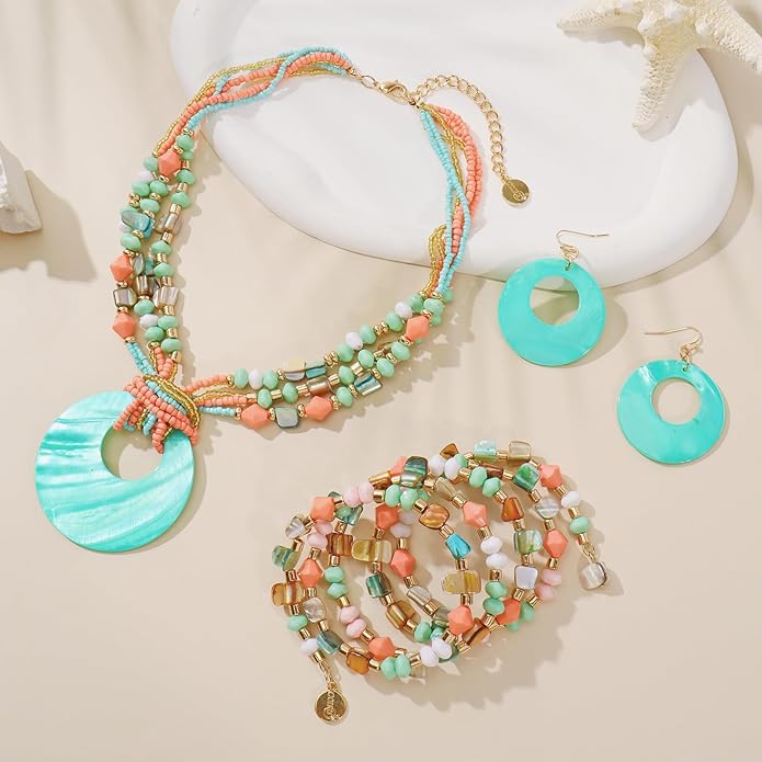 Jewelry Sets for Women 4 Pcs Chunky Beaded Mrs Roper Costume Jewelry for Women Boho Multi Strand Colorful Shell Necklace for Women