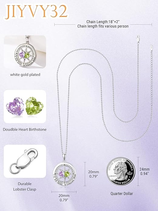 Compass Necklace for Women, Exquisite S925 Valentines Day Anniversary Birthday Gifts for Wife Her Double Birthstone Pendant Jewelry ‘I'd be Lost Without You’