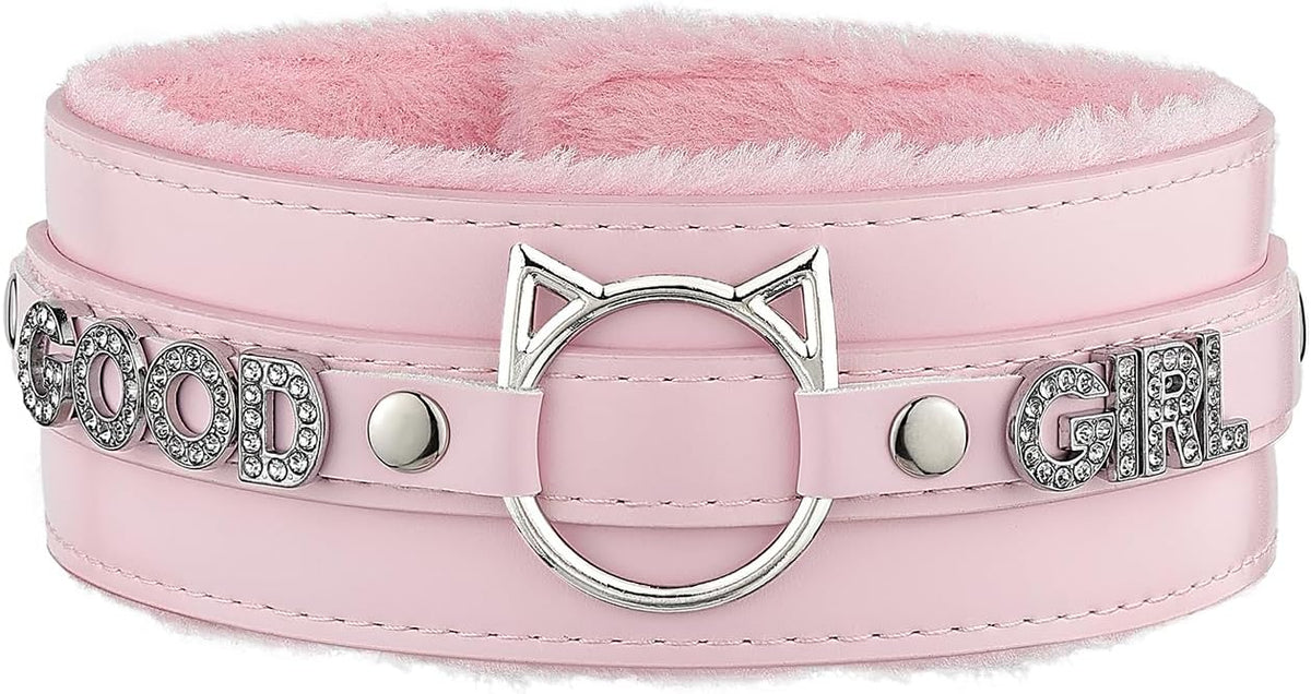 Handmade Collar Choker Necklace for Women – Cat Ear O-Ring Punk Goth Letter Choker,Black/Pink Furry Alt Fashion Jewelry