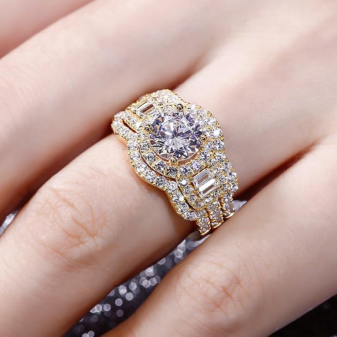 Jeulia 2 Carat Engagement Halo Rings for Women Sterling Silver Round Cut Bridal Set Cubic Zirconia Wedding Diamond Band Rings Promise Anniversary Rings for Her