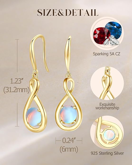 FANCIME Valentines Day Gift Dangle Drop Earrings 925 Sterling Silver Dainty Infinity Round Gemstone Birthstone Jewelry Birthday Gifts for Her Women