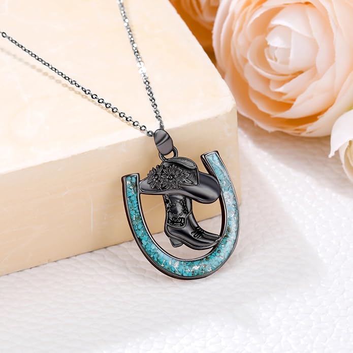 Western Cowboy Necklace 925 Sterling Silver Horseshoe Pendant Western Jewelry Cowgirl Gifts for Women Girlfriend Cowboy Cowgirl