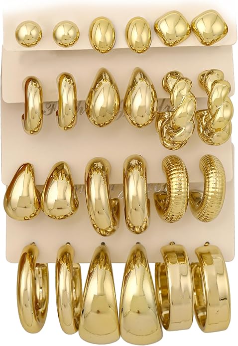 12 Pairs Chunky Gold Hoop Earrings for Women Trendy, Gold Plated Lightweight Hypoallergenic Stack, Thick Open Twisted Huggie Hoops Earring Set