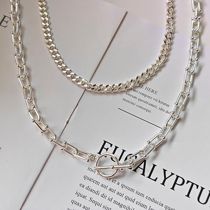 Gold Necklace for Women Layered 14k Plated Tendy Chunky Gold Necklace Cuban Link Choker Paperclip Chain Stackable OT Toggle Clasp Hypoallergenic Fashion Chunky Statement Jewelry Gifts for Women