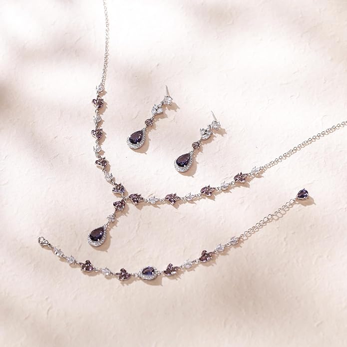 Crysdue Teardrop Bridal Jewelry Set for Wedding Party, Silver/14K/Rose Gold Plated Prom Costume Jewellery for Bride Bridesmaids Women, Cubic Zirconia Necklace Dangle Earrings Bracelet