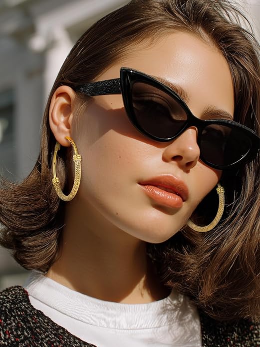 KeyStyle Mesh Hoop Earrings for Women, Stainless Steel Gold Hoops Earring Lightweight Loops, 2MM Thick Hypoallergenic Circle Endless Hollow Hoop 20mm-80mm