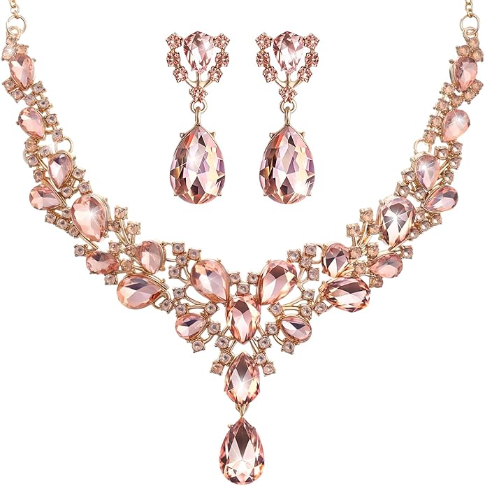 Hicarer Bridal Teardrop Cluster Crystal Jewelry Set for Women Necklace Earrings Wedding