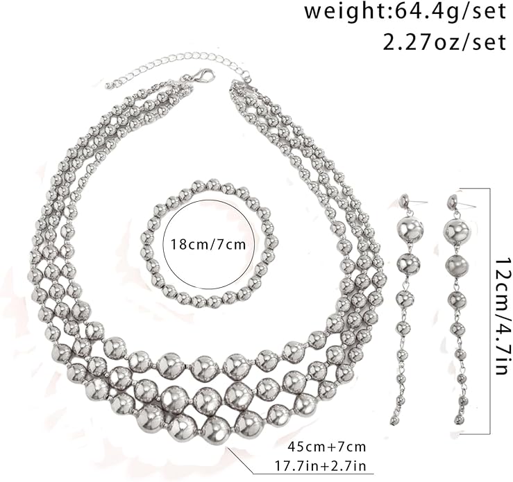 YBMYCM Gold-plated Beaded Jewelry Set Chunky Multi Strands Choker Necklace Bracelet Earrings Set for Women