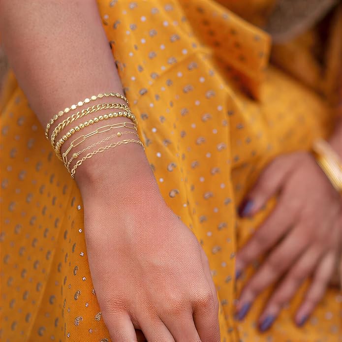 Emibele Gold Bracelets for Women, Dainty Adjustable 14K Gold Plated Bracelet Stack, Elegant Beaded Link Chain Bracelet Sets, Jewelry Gifts for Women