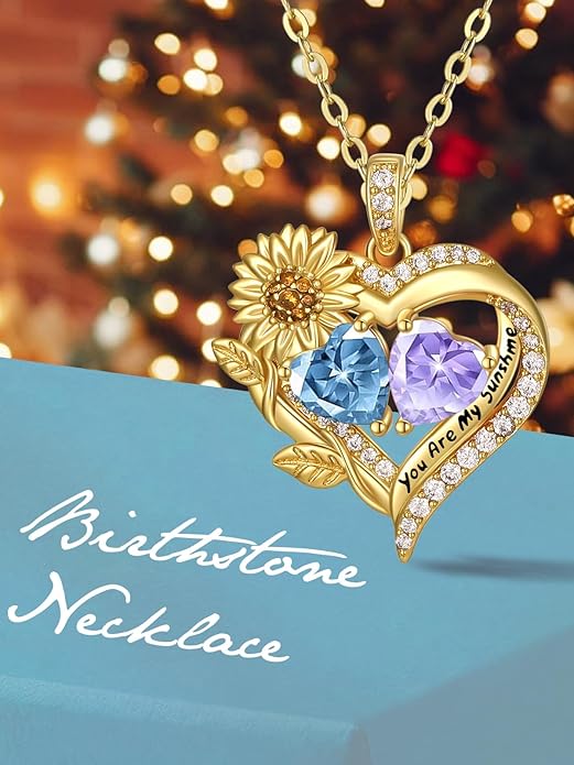 Sunflower Heart Necklace for Women 14K Gold Exquisite Valentines Day Anniversary Birthday Gifts for Wife Mother Her Double Birthstone Pendant Jewelry‘You Are My Sunshine’