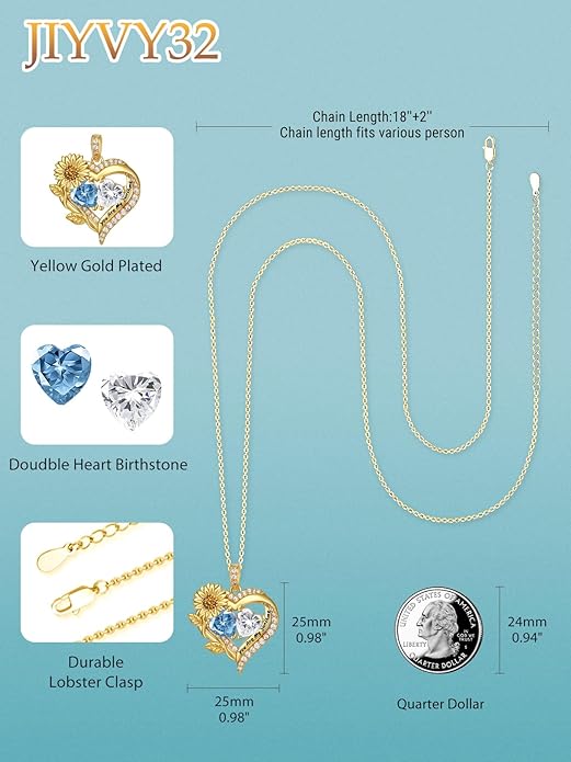 Sunflower Heart Necklace for Women 14K Gold Exquisite Valentines Day Anniversary Birthday Gifts for Wife Mother Her Double Birthstone Pendant Jewelry‘You Are My Sunshine’