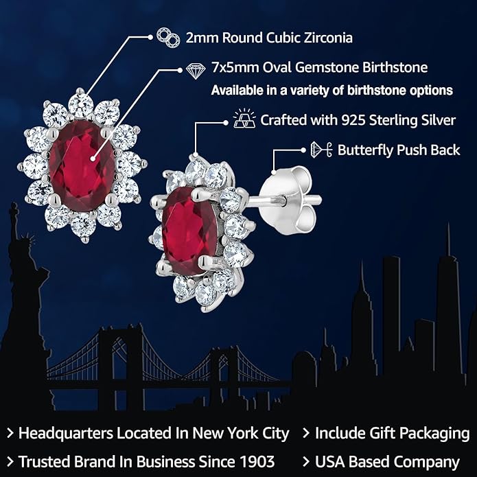 Gem Stone King 7X5MM Oval Gemstone Birthstone Stud Earrings For Women | Princess Diana Royal Halo Style | 925 Sterling Silver | Fine Jewelry Gifts for Anniversary Wedding Her Mom Women Wife