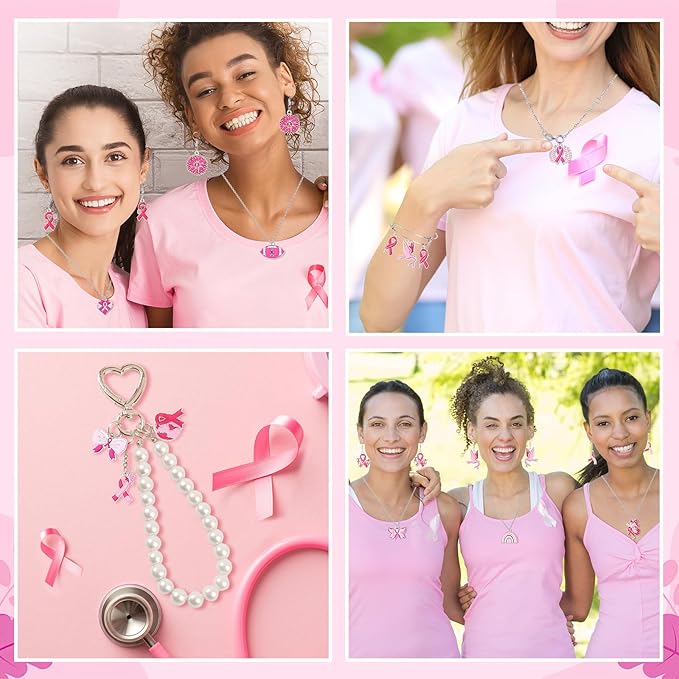 MARFOREVER 40 Pcs/20 Pairs Breast Cancer Awareness Charms, Pink Ribbon Charm Hope Ribbon Pendants for Bracelet Necklace Earrings Making Accessories for Jewelry Making