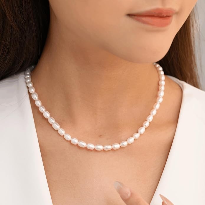 Pearl Necklace for Women, AAA+ Freshwater Cultured Pearl Strand,18 Inch with Sterling Silver Clasp, Elegant Pearls Classic Jewelry Gift for Mother's Day | Christmas | Wedding | Anniversary for Mother Wife Daughter