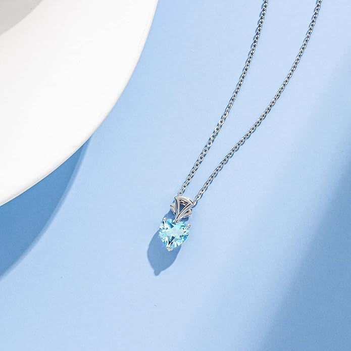 Agvana Valentines Day Gifts 14K White Gold Gemstone Pendant with Sterling Silver Chain 8mm Heart Birthstone Necklace for Women Fine Jewelry Anniversary Birthday Gifts for Women Mom Wife Girlfriend Her