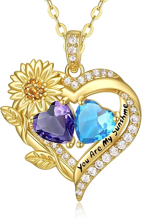 Sunflower Heart Necklace for Women 14K Gold Exquisite Valentines Day Anniversary Birthday Gifts for Wife Mother Her Double Birthstone Pendant Jewelry‘You Are My Sunshine’