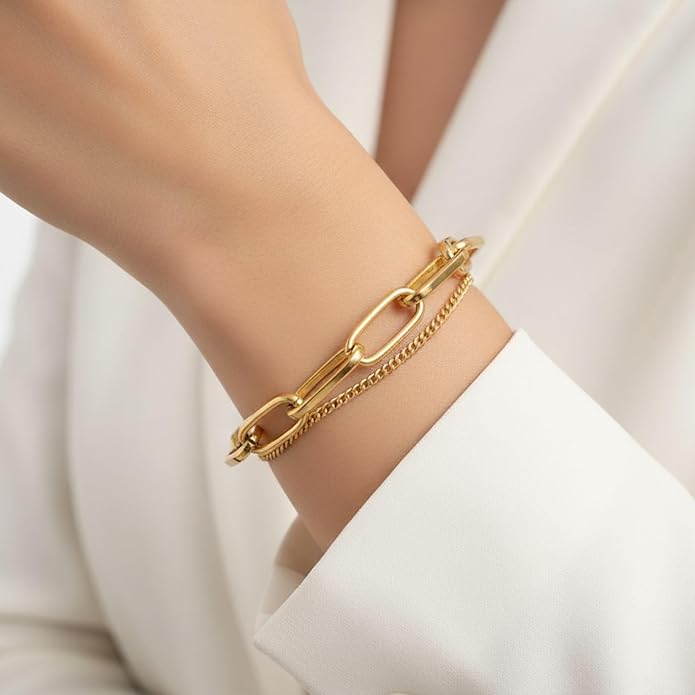 Solza Gold Chain Bracelet for Women – Adjustable Stainless Steel Heart Link Bracelet, Gold-Tone Non-Tarnish Fashion Jewelry