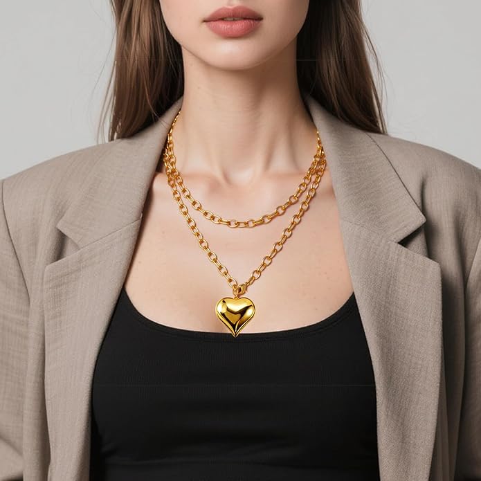 16k Gold Plated Chunky Statement Necklace for Women, Bold Thick Layered Puffy Heart Design, Long Gold Jewelry, Trendy Women's Fashion Necklace