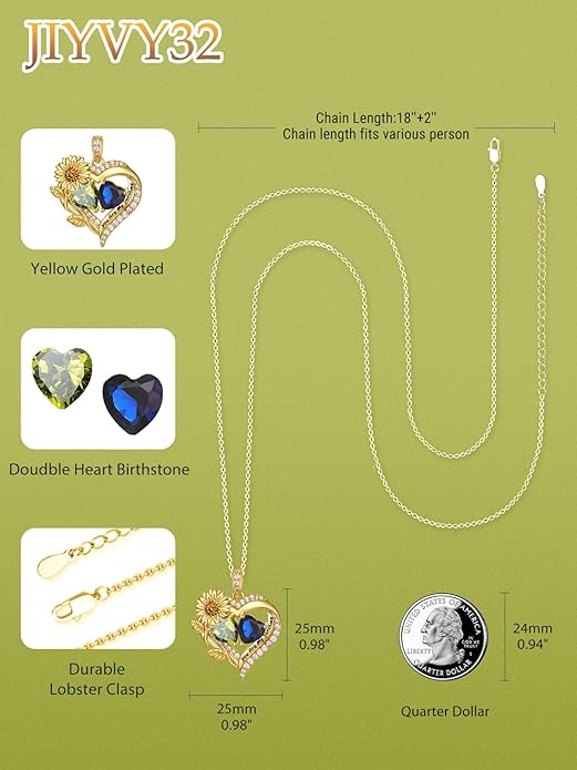 Sunflower Heart Necklace for Women 14K Gold Exquisite Valentines Day Anniversary Birthday Gifts for Wife Mother Her Double Birthstone Pendant Jewelry‘You Are My Sunshine’