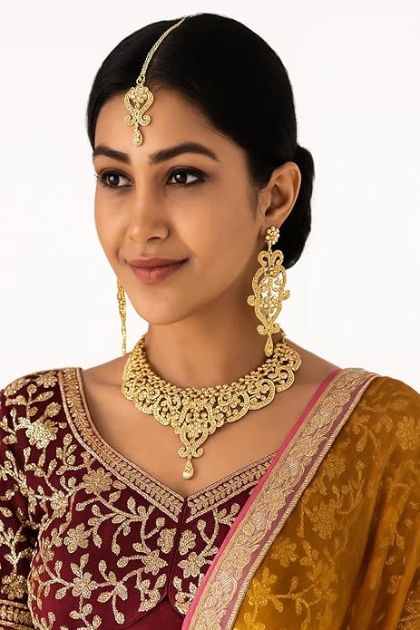 Touchstone Indian jewelry set for women bollywood gold jewellery wedding outfits necklace sets earrings bridal maang tikka fancy costume girls big desi accessories rhinestone in gold or silver tone