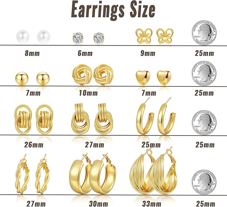 12 Pairs Chunky Gold Hoop Earrings for Women Trendy, Gold Plated Lightweight Hypoallergenic Stack, Thick Open Twisted Huggie Hoops Earring Set