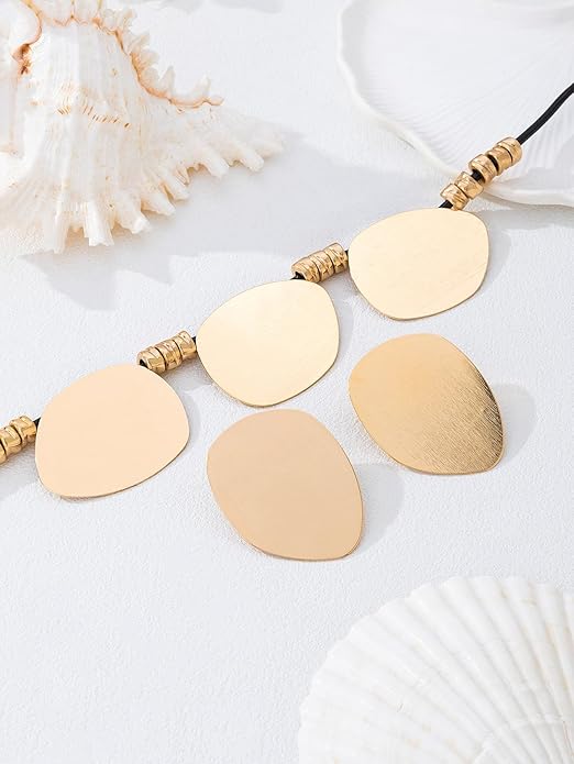 Chunky Gold Statement Necklace Earring Set for Women Minimalist Irregular Round Earrings Vintage Leather Big Golden Geometric Oval Choker Necklaces Trendy Party Jewelry Set for Women