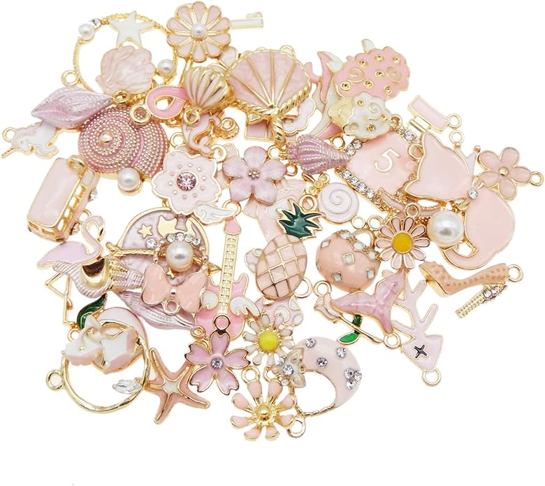 40pcs(20PAIRS) Assorted Gold Tone Enamel Animals Fruit Moon Star Dainty Dangle Flowers Pendants Charms for Jewelry Making Necklace Bracelet, Pink Theme
