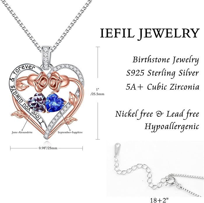 Iefil Valentines Gifts for Her Wife Women - Rose Heart Double Birthstone Necklace Gift for Wife Girlfriend Her Women, Birthstone Jewelry Gemstone Birthday Gifts for Mom Grandma Her