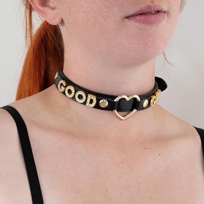 Handmade Gold Heart O-Ring Letter Choker Necklace for Women, Adjustable PU Leather Black/Pink Choker Collar For Women, Goth Choker Collars Necklace
