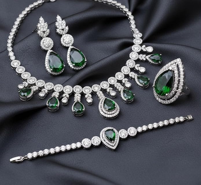 Rhinestone Wedding Bridal Jewelry Set Women's Prom Style Emerald Teardrop Necklace, Earrings, Bracelet, Ring Wedding Bridesmaid Gift Pairs With Evening Gowns