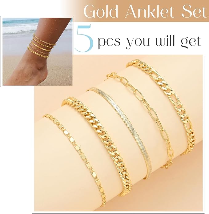 iF YOU Gold Ankle Bracelets for Women, 14k Gold Plated Waterproof Cuban Link Chain Anklets Set, Layered Anklet Bracelets for Women Beach Gift Adjustable Size 5pc