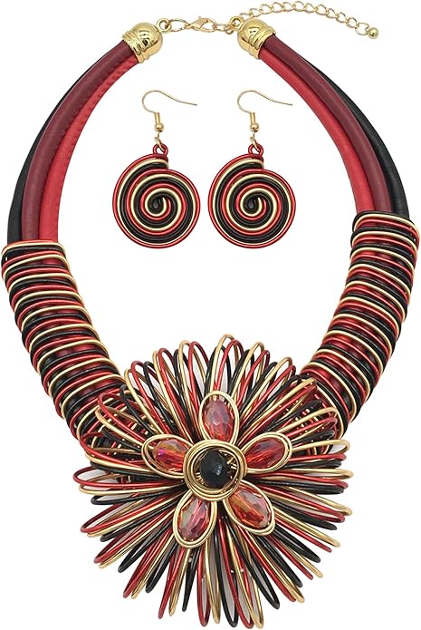 Statement African Necklace For Women African Jewelry Costume Earring Sets Tribal Fashion Colorful Big Rhinestone Crystal Pendent Collar Choker Bold Chunky Bib Handmade