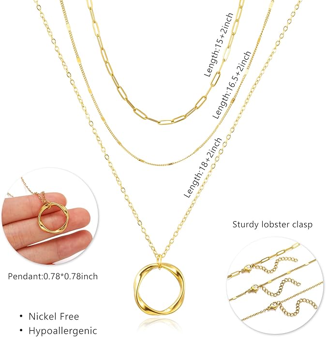 3Pcs Layered Necklace for Women Stackable Necklaces Silver Rosegold Gold Plated Chain Dainty Set Gifts Circle Pendant Paperclip Chain Choker Necklaces Trendy Personalized Jewelry Set Gifts for Women