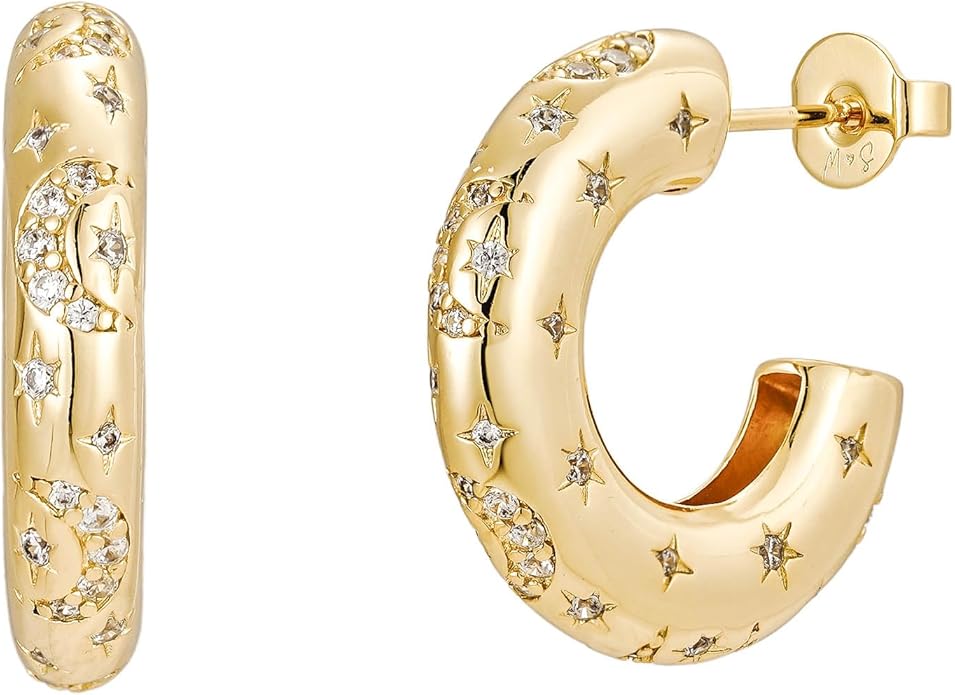 Chunky Gold Hoop Earrings – 18K Gold Plated Hoops with Moon & Star Celestial Details – Bold, Lightweight Earrings for Women by Malibu Sunday