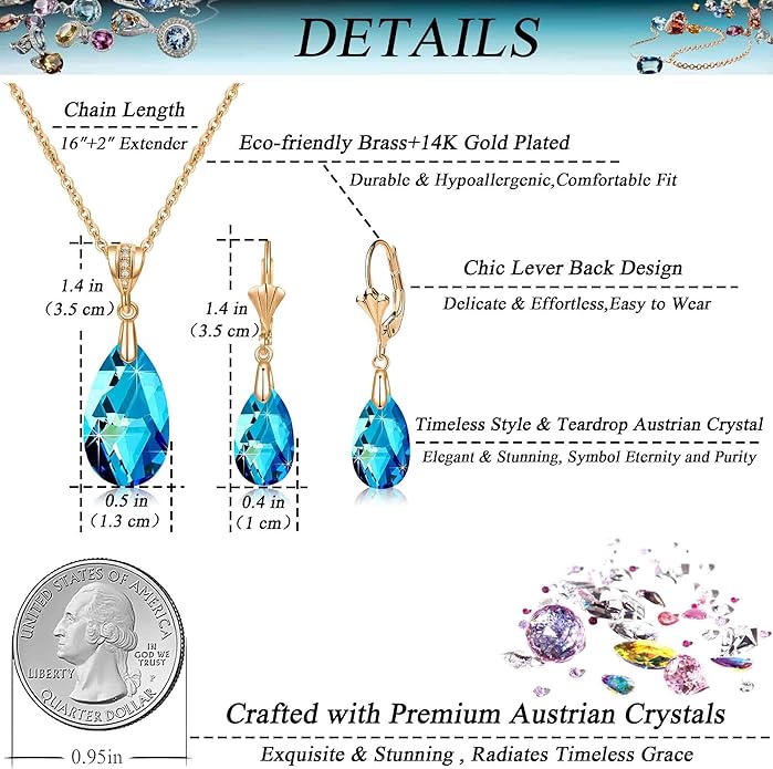 EVEVIC Austrian Crystals Teardrop Pendant Necklace Earrings for Women 14K Gold Plated Hypoallergenic Leverback Drop Dangle Earrings Jewelry Set