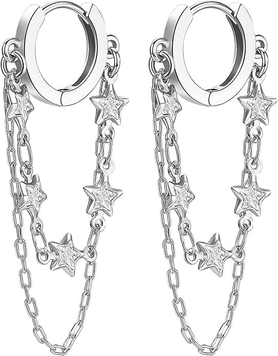 Tassel Chain Small Gold Hoop Dangle Earring For Women Huggie Earring Heart Star CZ 14K Gold Plated Fashion Jewelry Friendship Gift
