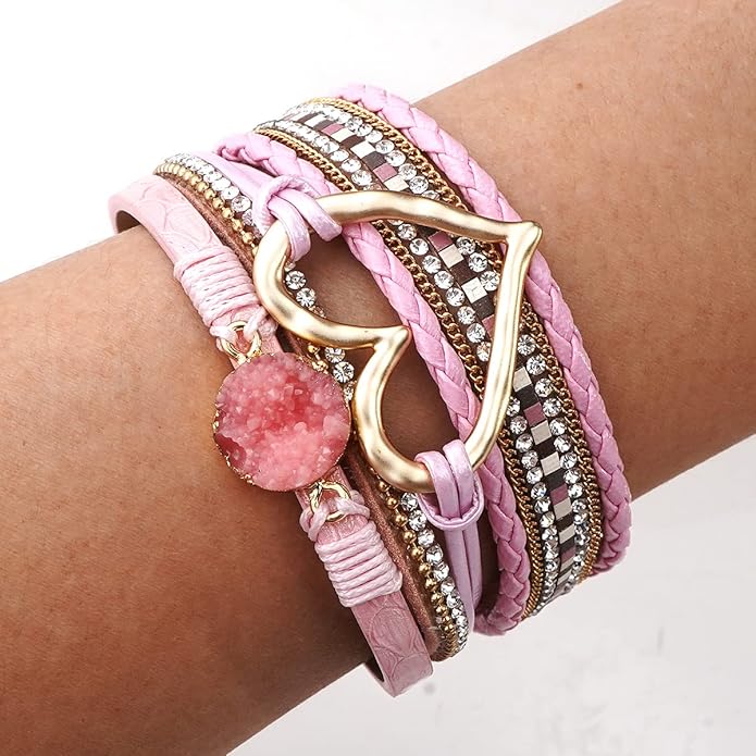 Suyi Multilayer Leather Wrap Bracelet Heart-Shape Wide Cuff Bracelets for Women