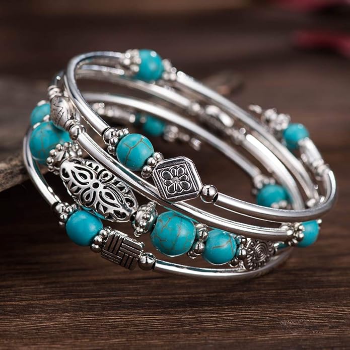 BULINLIN Layered Wrap Bangle Turquoise Bracelet - Bead Bracelet with Natural Agate Stone, Gifts For Women