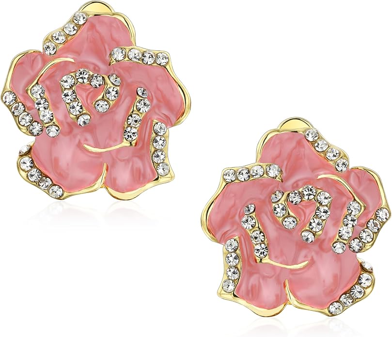 Pink Red Enamel Flower Crystal Edge Spring Retro Floral Rose Clip On Earrings For Women Non Pierced Ears 14K Gold Plated