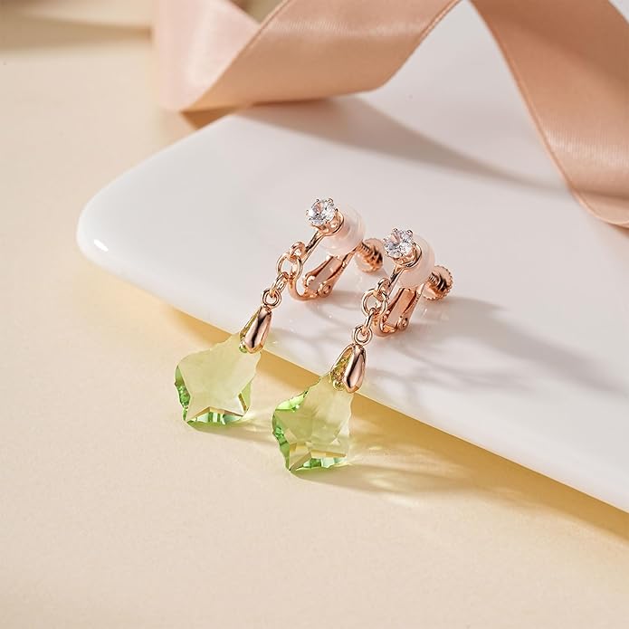 Austrian Crystal Baroque Drop Clip On Dangle Earrings for Women Non Pierced 14K Rose Gold Plated Hypoallergenic Jewelry