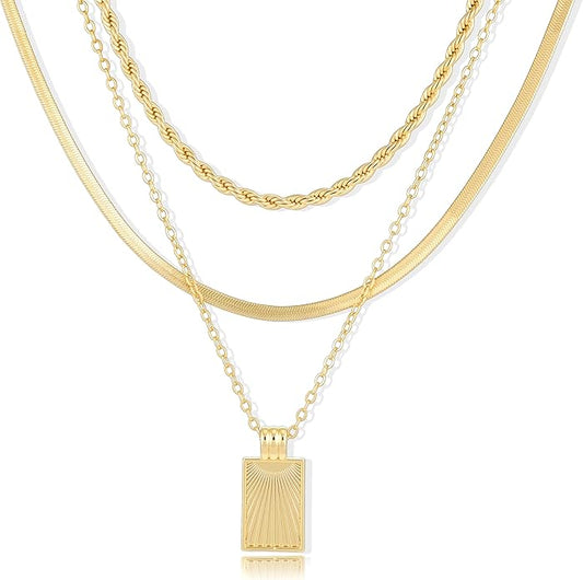 YEEZII Layered Gold Necklaces for Women Trendy, 3 Pcs 14K Gold Plated Choker Paperclip Box Chain Necklace, Stackable Women's Gold Pendant Necklaces Jewelry Set