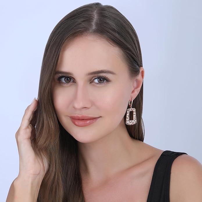 Rose Gold Hoop Earrings for Women, 925 Silver-Plated Thickened Hypoallergenic Earrings, CZ Black Gemstone-Inlaid Earrings - Women's Fashion Jewelry