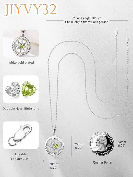 Compass Necklace for Women, Exquisite S925 Valentines Day Anniversary Birthday Gifts for Wife Her Double Birthstone Pendant Jewelry ‘I'd be Lost Without You’
