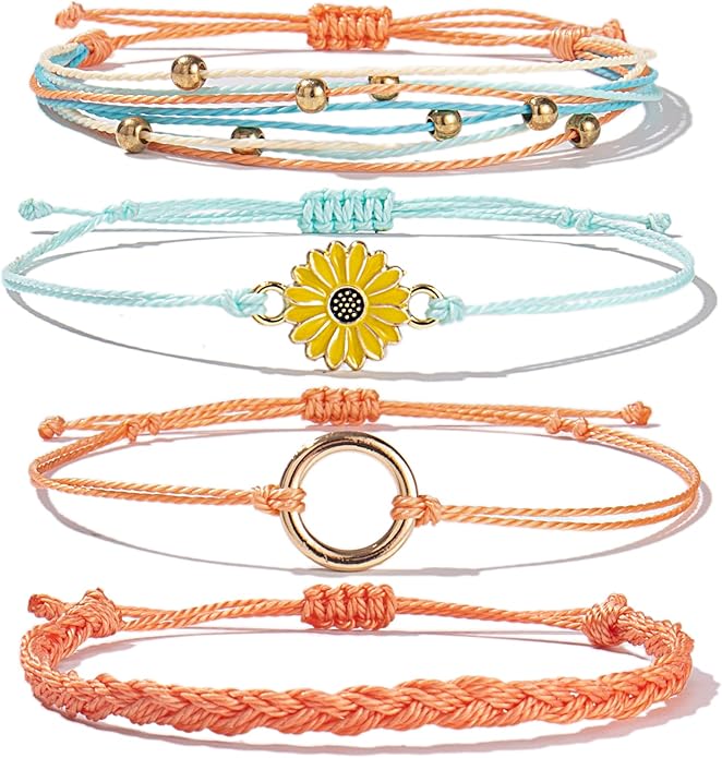 FANCY SHINY Sunflower String Bracelet Boho Braided Rope Wrap Bracelets Cute Summer Beach Surfer Jewelry for Women
