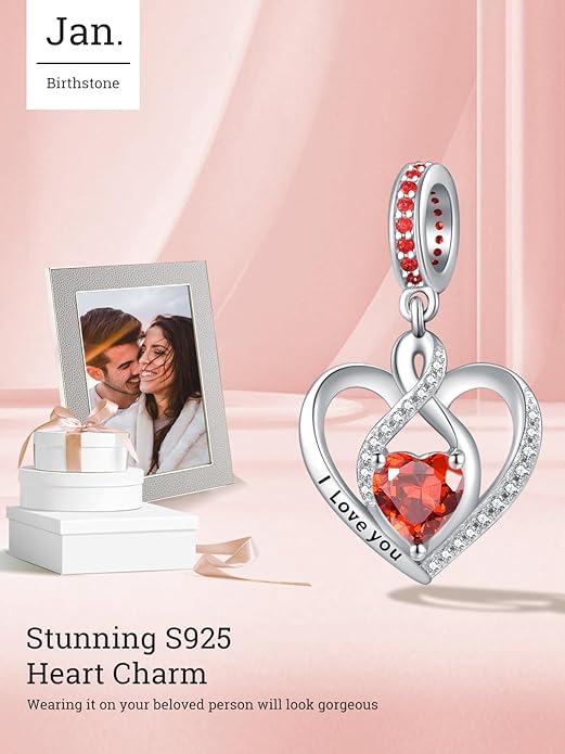 Heart Birthstone Charms for Bracelets, 925 Sterling Silver Women Bead Charms for Charm Bracelets Necklace, Mother's Day Birthday Anniversary Jewelry Gifts for Wife Mom Grandma Daughter