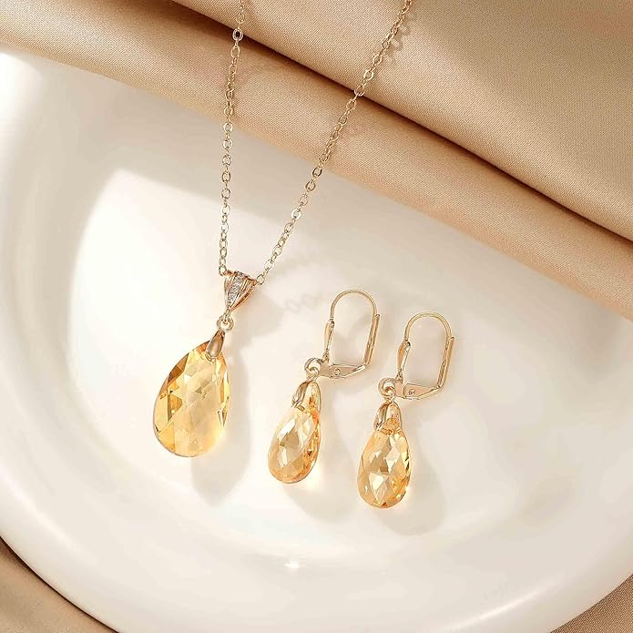 EVEVIC Austrian Crystals Teardrop Pendant Necklace Earrings for Women 14K Gold Plated Hypoallergenic Leverback Drop Dangle Earrings Jewelry Set